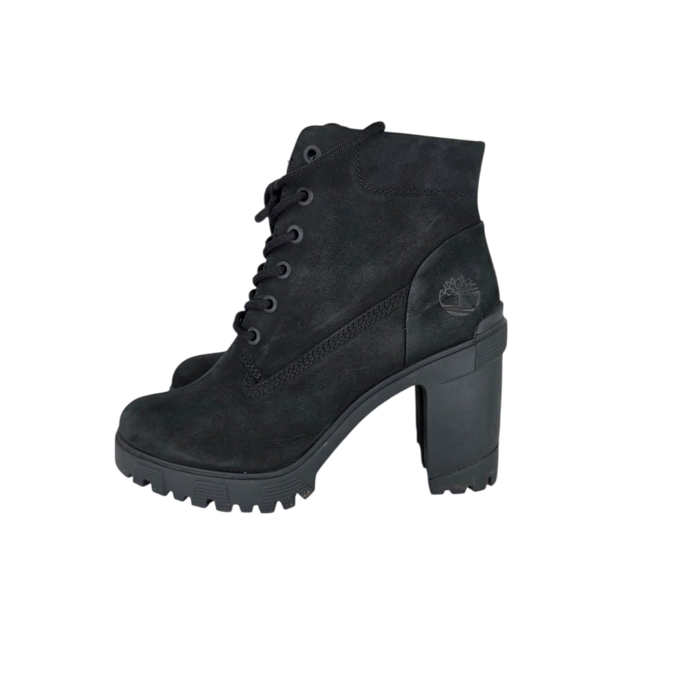 Timberland Lana Point Lace Up Heeled Nubuck Boots Black Suede Women's Size 7